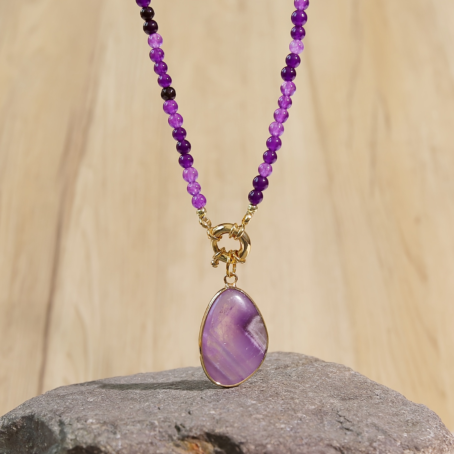 Women's Amethyst Beaded Necklace with Teardrop Pendant, Boho Style